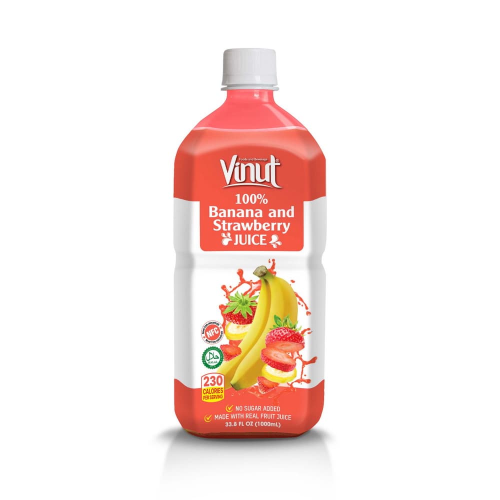 VINUT 100% Banánový a Jahodový Džús, NFC, Bez Pridaného Cukru, PET Fľaša, 33.8 fl oz 1000 mL