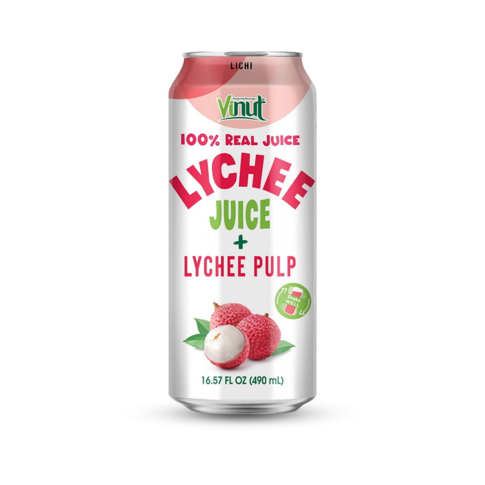 VINUT 100% pravá šťava z liči + dužina z liči, Slim plechovka, 16.57 fl oz 490 mL