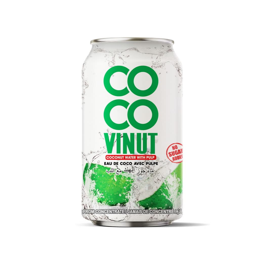 VINUT Kokosová voda s dužinou, bez pridaného cukru, plechovka, 330 ml